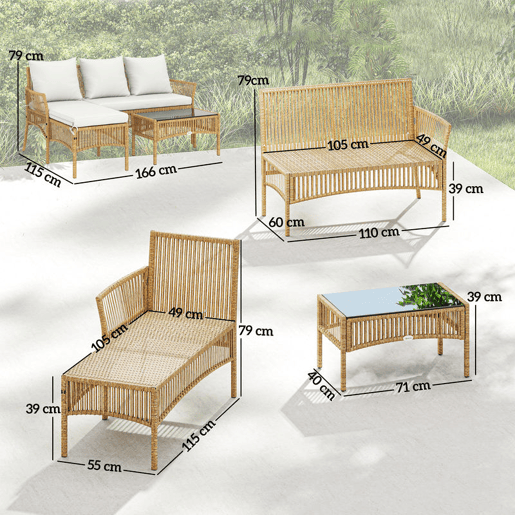 Outsunny Conjunto de Jardim em Vime de 3 Peças Móveis de Exterior com 1 Sofá de 2 Lugares 1 Chaise Longue e 1 Mesa de Centro com Vidro Temperado, Almofadas Resistente Creme