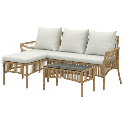 Outsunny Conjunto de Jardim em Vime de 3 Peças Móveis de Exterior com 1 Sofá de 2 Lugares 1 Chaise Longue e 1 Mesa de Centro com Vidro Temperado, Almofadas Resistente Creme