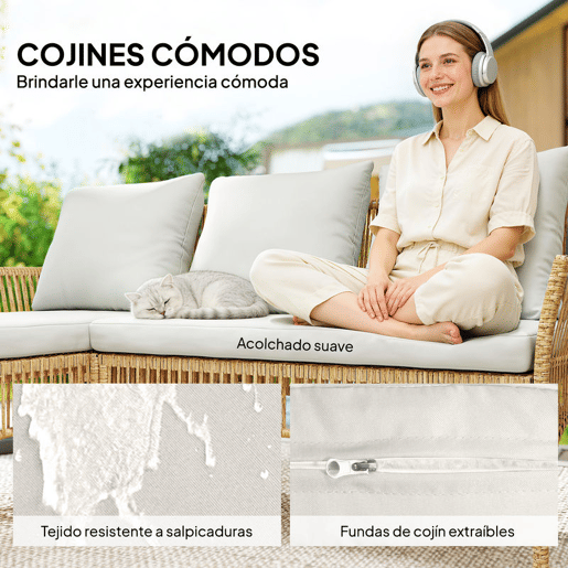 Outsunny Conjunto de Jardim em Vime de 3 Peças Móveis de Exterior com 1 Sofá de 2 Lugares 1 Chaise Longue e 1 Mesa de Centro com Vidro Temperado, Almofadas Resistente Creme