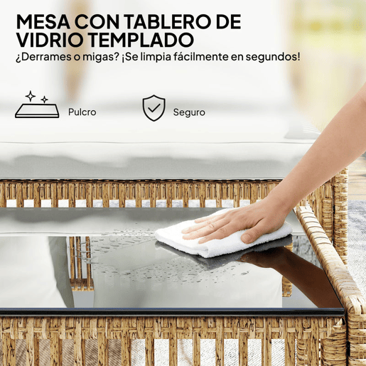 Outsunny Conjunto de Jardim em Vime de 3 Peças Móveis de Exterior com 1 Sofá de 2 Lugares 1 Chaise Longue e 1 Mesa de Centro com Vidro Temperado, Almofadas Resistente Creme