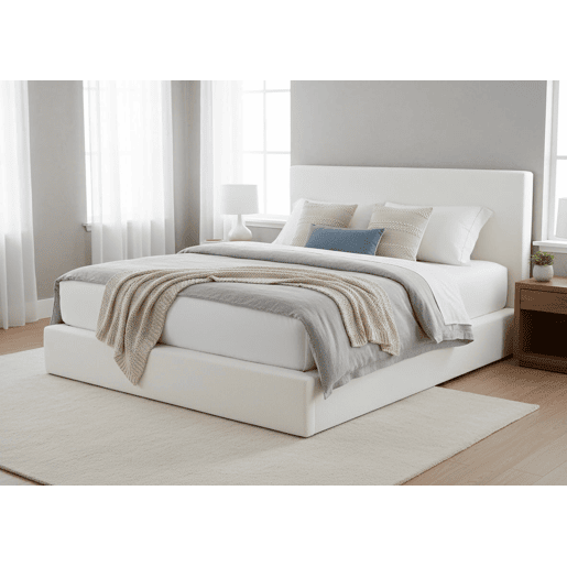Cama de casal Teddy com cabeceira, branca, colchão viscoelástico de 135 cm + 23 cm.