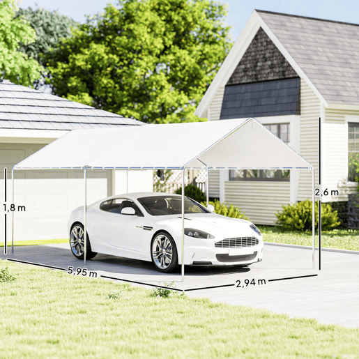 Outsunny Tenda Garagem para Carro 3x6 m, Abrigo Exterior Portátil com Estrutura de Aço Galvanizado, Impermeável, Anti-UV, Pavilhão Gazebo de Jardim com Acessórios, para Eventos, Festas, Branco