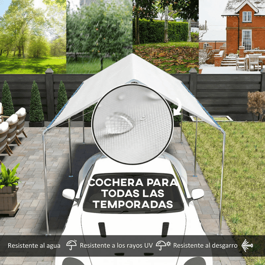 Outsunny Tenda Garagem para Carro 3x6 m, Abrigo Exterior Portátil com Estrutura de Aço Galvanizado, Impermeável, Anti-UV, Pavilhão Gazebo de Jardim com Acessórios, para Eventos, Festas, Branco