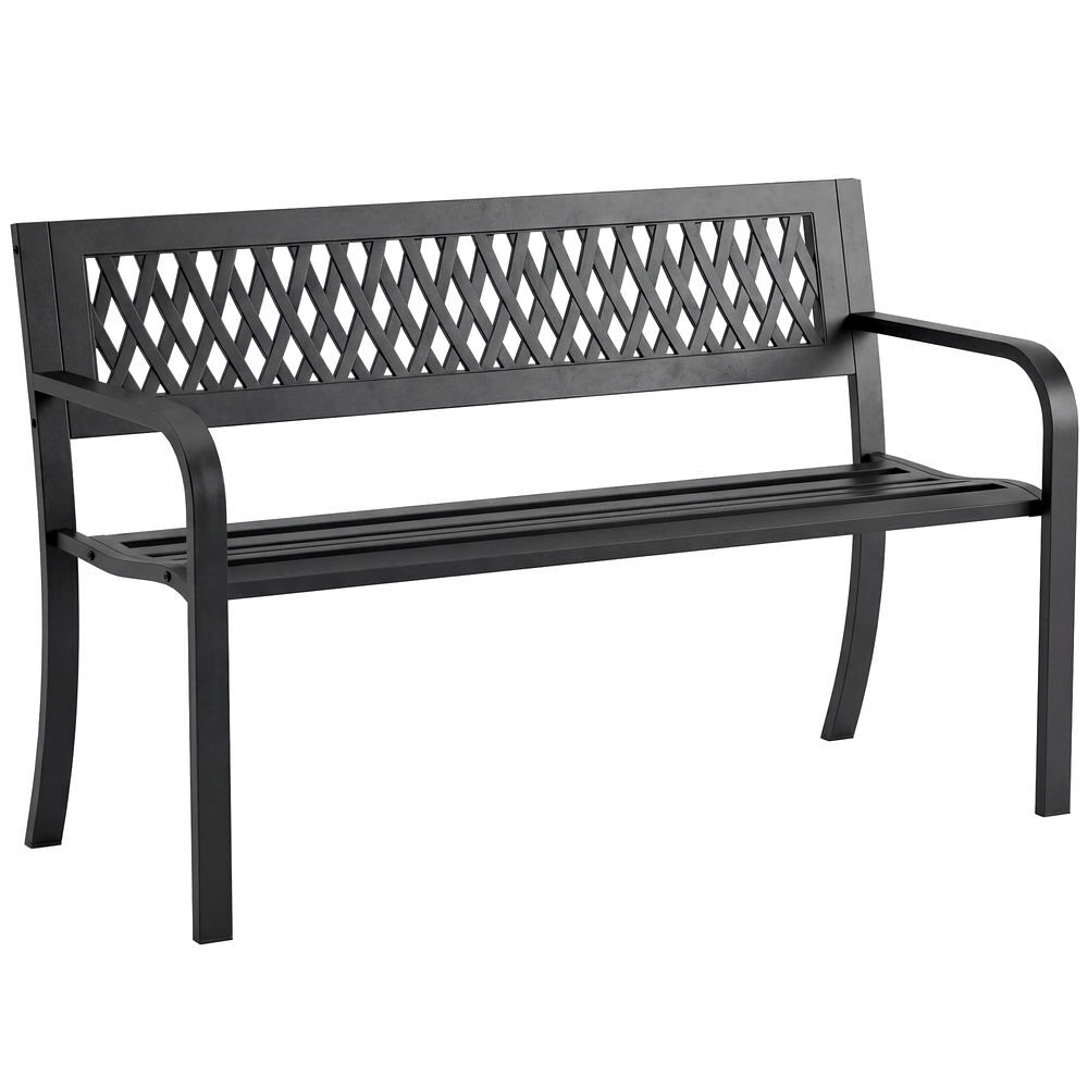 Outsunny banco de jardín exterior de 2 plazas, banco exterior con asiento listonado, reposabrazos y marco de acero, para patio, terraza, 119x50x75 cm, negro