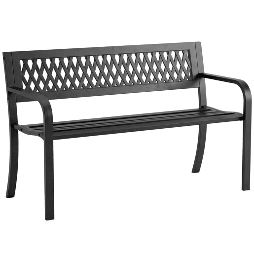 Outsunny Banco de Jardim Exterior de 2 Lugares com Assento Ripado, Apoios de Braço e Estrutura de Aço para Pátio ou Terraço 119x50x75 cm, Preto