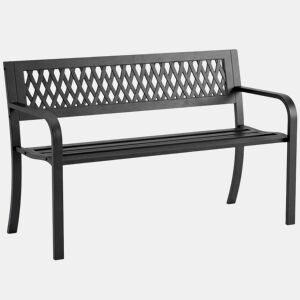 Outsunny Banco de Jardim Exterior de 2 Lugares com Assento Ripado, Apoios de Braço e Estrutura de Aço para Pátio ou Terraço 119x50x75 cm, Preto