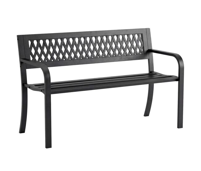 Outsunny banco de jardín exterior de 2 plazas, banco exterior con asiento listonado, reposabrazos y marco de acero, para patio, terraza, 119x50x75 cm, negro