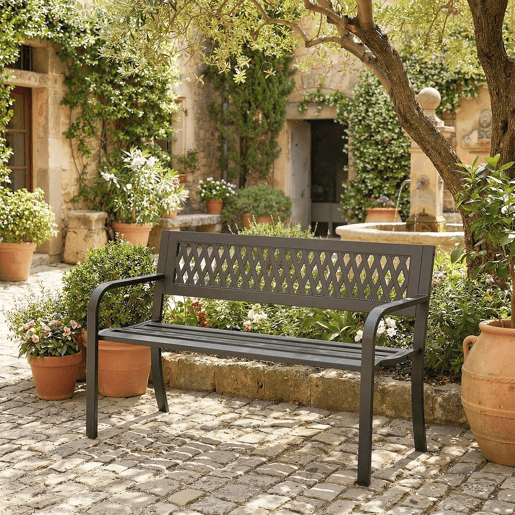 Outsunny Banco de Jardim Exterior de 2 Lugares com Assento Ripado, Apoios de Braço e Estrutura de Aço para Pátio ou Terraço 119x50x75 cm, Preto