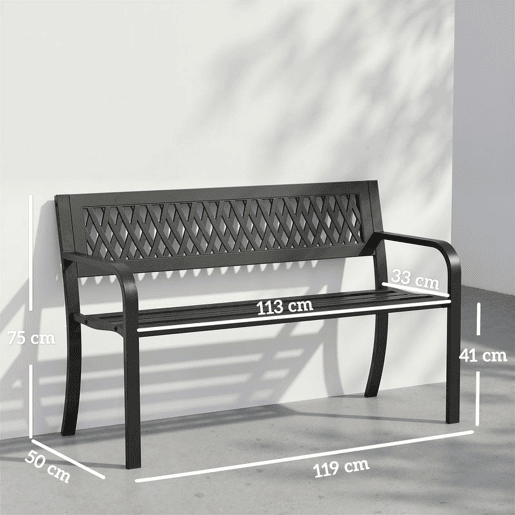 Outsunny Banco de Jardim Exterior de 2 Lugares com Assento Ripado, Apoios de Braço e Estrutura de Aço para Pátio ou Terraço 119x50x75 cm, Preto