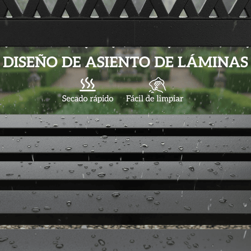 Outsunny Banco de Jardim Exterior de 2 Lugares com Assento Ripado, Apoios de Braço e Estrutura de Aço para Pátio ou Terraço 119x50x75 cm, Preto