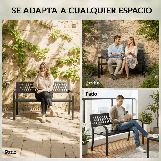 Outsunny Banco de Jardim Exterior de 2 Lugares com Assento Ripado, Apoios de Braço e Estrutura de Aço para Pátio ou Terraço 119x50x75 cm, Preto