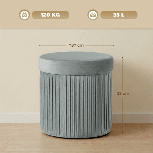 HOMCOM Puff de Arrumação Banco de Arrumação Dobrável 35 L 38x38x38 cm Estofado em Veludo Baú de Arrumação Redondo Suporta 120 kg Banqueta para Sala de Estar Quarto e Entrada Cinzento Escuro