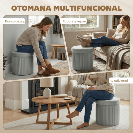 HOMCOM Puff de Arrumação Banco de Arrumação Dobrável 35 L 38x38x38 cm Estofado em Veludo Baú de Arrumação Redondo Suporta 120 kg Banqueta para Sala de Estar Quarto e Entrada Cinzento Escuro