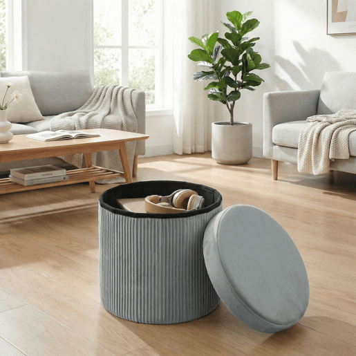 HOMCOM Puff de Arrumação Banco de Arrumação Dobrável 35 L 38x38x38 cm Estofado em Veludo Baú de Arrumação Redondo Suporta 120 kg Banqueta para Sala de Estar Quarto e Entrada Cinzento Escuro
