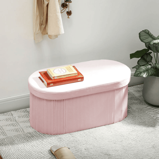 HOMCOM Puff de Arrumação Banco de Arrumação Dobrável 72 L 76x38x35 cm Estofado em Veludo Baú de Armazenamento Suporta até 120 kg Ideal para Sala de Estar Quarto Entrada Rosa