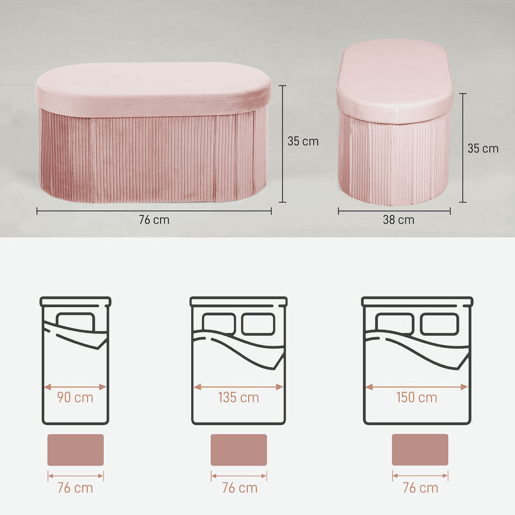HOMCOM Puff de Arrumação Banco de Arrumação Dobrável 72 L 76x38x35 cm Estofado em Veludo Baú de Armazenamento Suporta até 120 kg Ideal para Sala de Estar Quarto Entrada Rosa