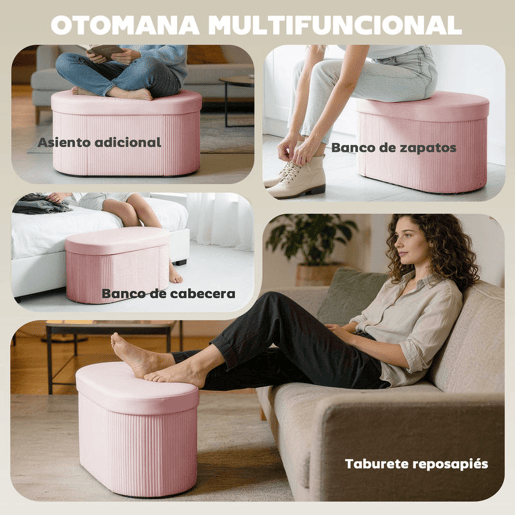 HOMCOM Puff de Arrumação Banco de Arrumação Dobrável 72 L 76x38x35 cm Estofado em Veludo Baú de Armazenamento Suporta até 120 kg Ideal para Sala de Estar Quarto Entrada Rosa