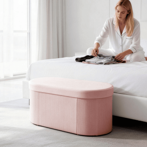 HOMCOM Puff de Arrumação Banco de Arrumação Dobrável 72 L 76x38x35 cm Estofado em Veludo Baú de Armazenamento Suporta até 120 kg Ideal para Sala de Estar Quarto Entrada Rosa