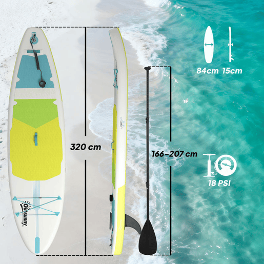 Outsunny Prancha de Paddle Surf Insuflável com Acessórios 320 cm Remo de Alumínio Ajustável Quilha Stand Up Paddle Board com Superfície Antiderrapante de EVA Bomba e Mochila Capacidade de Carga 160 kg para Adultos