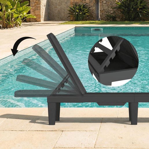 Outsunny Conjunto de 2 Espreguiçadeiras de Jardim Espreguiçadeiras Reclináveis em Plástico PP com Bandeja Lateral Encosto Ajustável em 5 Níveis Resistentes às Intempéries para Praia Piscina Preto