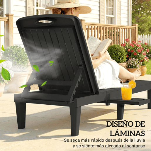 Outsunny Conjunto de 2 Espreguiçadeiras de Jardim Espreguiçadeiras Reclináveis em Plástico PP com Bandeja Lateral Encosto Ajustável em 5 Níveis Resistentes às Intempéries para Praia Piscina Preto