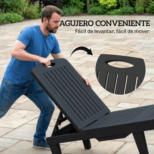 Outsunny Conjunto de 2 Espreguiçadeiras de Jardim Espreguiçadeiras Reclináveis em Plástico PP com Bandeja Lateral Encosto Ajustável em 5 Níveis Resistentes às Intempéries para Praia Piscina Preto