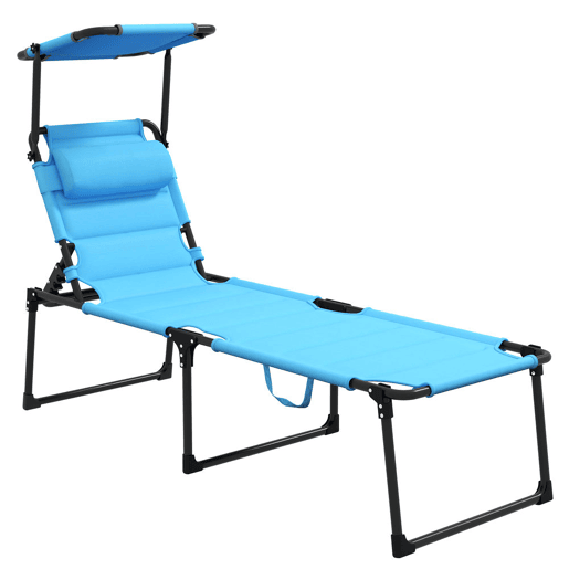 Outsunny Espreguiçadeira Dobrável Espreguiçadeira de Jardim com Toldo Ajustável Encosto Regulável em 4 Níveis Apoio de Cabeça Almofada Grossa para Terraço Piscina 70x200x45 cm Azul Claro