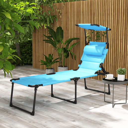 Outsunny Espreguiçadeira Dobrável Espreguiçadeira de Jardim com Toldo Ajustável Encosto Regulável em 4 Níveis Apoio de Cabeça Almofada Grossa para Terraço Piscina 70x200x45 cm Azul Claro