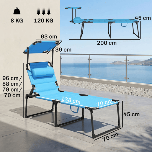 Outsunny Espreguiçadeira Dobrável Espreguiçadeira de Jardim com Toldo Ajustável Encosto Regulável em 4 Níveis Apoio de Cabeça Almofada Grossa para Terraço Piscina 70x200x45 cm Azul Claro