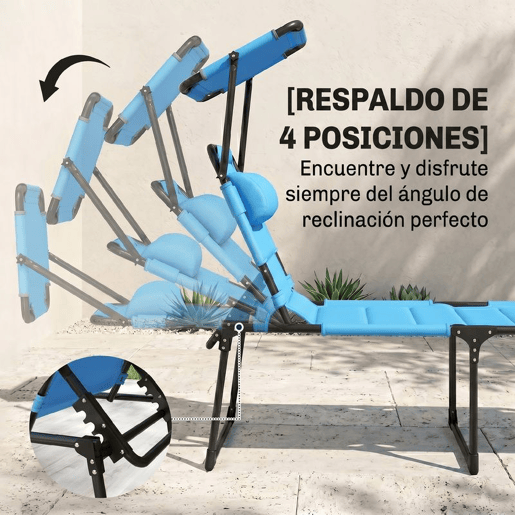 Outsunny Espreguiçadeira Dobrável Espreguiçadeira de Jardim com Toldo Ajustável Encosto Regulável em 4 Níveis Apoio de Cabeça Almofada Grossa para Terraço Piscina 70x200x45 cm Azul Claro