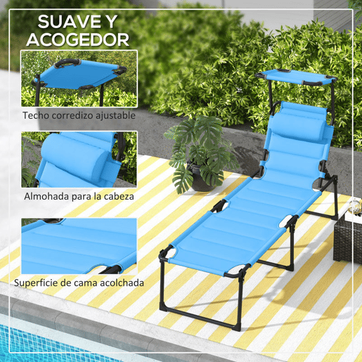 Outsunny Espreguiçadeira Dobrável Espreguiçadeira de Jardim com Toldo Ajustável Encosto Regulável em 4 Níveis Apoio de Cabeça Almofada Grossa para Terraço Piscina 70x200x45 cm Azul Claro