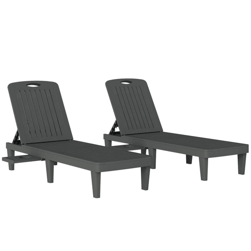Outsunny Conjunto de 2 Espreguiçadeiras de Jardim Espreguiçadeiras Reclináveis de Plástico PP com Bandeja Lateral Encosto Ajustável em 5 Posições Resistentes às Intempéries para Praia e Piscina Cinzento