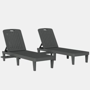 Outsunny Conjunto de 2 Espreguiçadeiras de Jardim Espreguiçadeiras Reclináveis de Plástico PP com Bandeja Lateral Encosto Ajustável em 5 Posições Resistentes às Intempéries para Praia e Piscina Cinzento