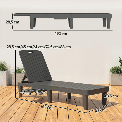 Outsunny Conjunto de 2 Espreguiçadeiras de Jardim Espreguiçadeiras Reclináveis de Plástico PP com Bandeja Lateral Encosto Ajustável em 5 Posições Resistentes às Intempéries para Praia e Piscina Cinzento