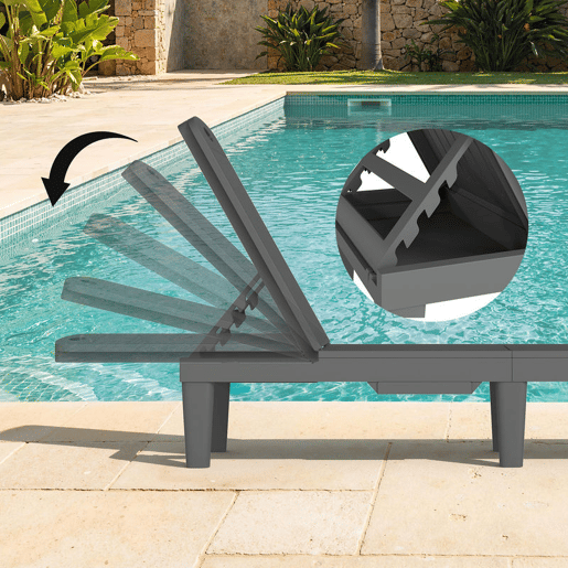Outsunny Conjunto de 2 Espreguiçadeiras de Jardim Espreguiçadeiras Reclináveis de Plástico PP com Bandeja Lateral Encosto Ajustável em 5 Posições Resistentes às Intempéries para Praia e Piscina Cinzento