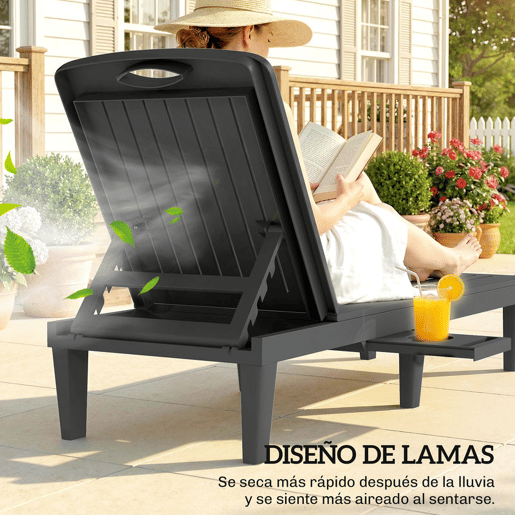 Outsunny Conjunto de 2 Espreguiçadeiras de Jardim Espreguiçadeiras Reclináveis de Plástico PP com Bandeja Lateral Encosto Ajustável em 5 Posições Resistentes às Intempéries para Praia e Piscina Cinzento