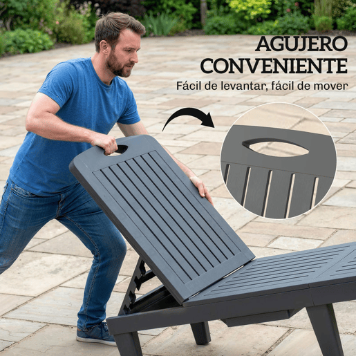 Outsunny Conjunto de 2 Espreguiçadeiras de Jardim Espreguiçadeiras Reclináveis de Plástico PP com Bandeja Lateral Encosto Ajustável em 5 Posições Resistentes às Intempéries para Praia e Piscina Cinzento