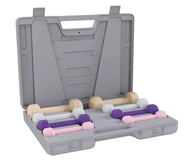 Homcom juego de mancuernas de 8 piezas, total 10 kg, 2x0,5 kg, 2x1 kg, 2x1,5 kg, 2x2 kg, mancuernas poligonales antideslizantes y estuche de transporte para ejercicio en casa, gimnasio, multicolor