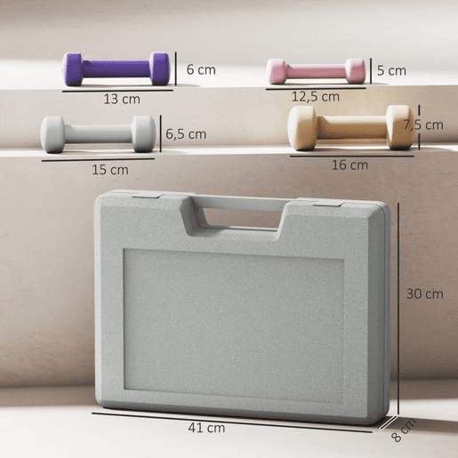 HOMCOM Conjunto de Halteres de 8 Peças, Total de 10 kg, 2x0,5 kg, 2x1 kg, 2x1,5 kg, 2x2 kg, Halteres Poligonais Antideslizantes e Mala de Transporte para Exercício em Casa, Ginásio, Multicolor
