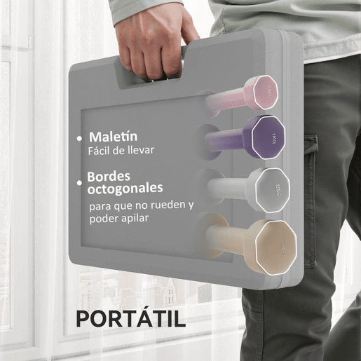 HOMCOM Conjunto de Halteres de 8 Peças, Total de 10 kg, 2x0,5 kg, 2x1 kg, 2x1,5 kg, 2x2 kg, Halteres Poligonais Antideslizantes e Mala de Transporte para Exercício em Casa, Ginásio, Multicolor
