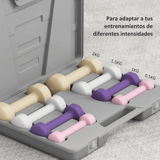 HOMCOM Conjunto de Halteres de 8 Peças, Total de 10 kg, 2x0,5 kg, 2x1 kg, 2x1,5 kg, 2x2 kg, Halteres Poligonais Antideslizantes e Mala de Transporte para Exercício em Casa, Ginásio, Multicolor