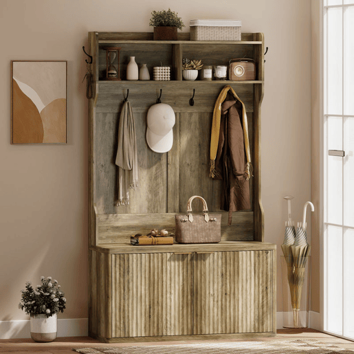 HOMCOM Móvel Cabide de Entrada Sapateira com 2 Portas Prateleiras Abertas 6 Ganchos para Corredor Quarto Sala de Estar Estilo Moderno 100x38x172 cm Carvalho HOMCOM Móvel Cabide de Entrada Sapateira com 2 Portas Prateleiras Abertas 6 Ganchos para Corredor Quarto Sala de Estar Estilo Moderno 100x38x172 cm Carvalho
