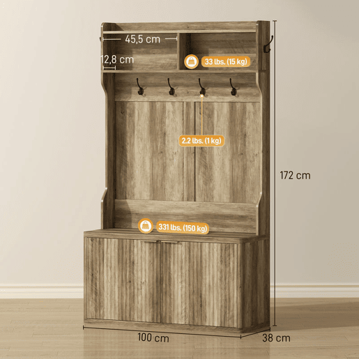 HOMCOM Móvel Cabide de Entrada Sapateira com 2 Portas Prateleiras Abertas 6 Ganchos para Corredor Quarto Sala de Estar Estilo Moderno 100x38x172 cm Carvalho HOMCOM Móvel Cabide de Entrada Sapateira com 2 Portas Prateleiras Abertas 6 Ganchos para Corredor Quarto Sala de Estar Estilo Moderno 100x38x172 cm Carvalho