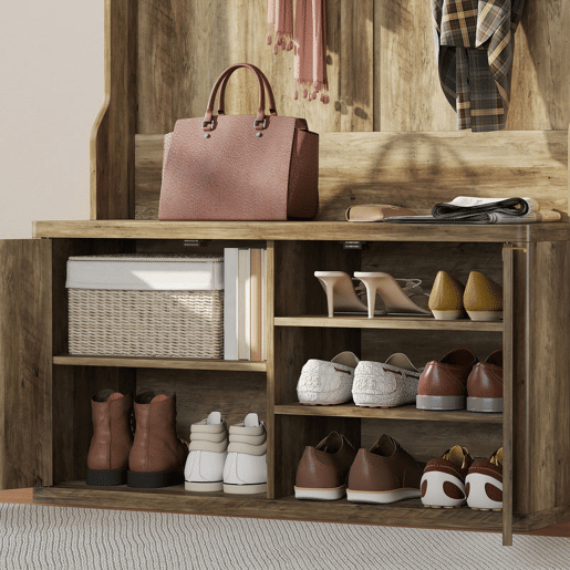 HOMCOM Móvel Cabide de Entrada Sapateira com 2 Portas Prateleiras Abertas 6 Ganchos para Corredor Quarto Sala de Estar Estilo Moderno 100x38x172 cm Carvalho HOMCOM Móvel Cabide de Entrada Sapateira com 2 Portas Prateleiras Abertas 6 Ganchos para Corredor Quarto Sala de Estar Estilo Moderno 100x38x172 cm Carvalho
