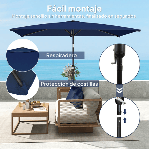 Outsunny Chapéu de Sol para Terraço Exterior, 200x300 cm, Guarda-Sol de Terraço com Ângulo Ajustável, Manivela, Mastro de Alumínio Removível e Proteção UV, Chapéu de Sol para Jardim e Pátio, Azul Marinho