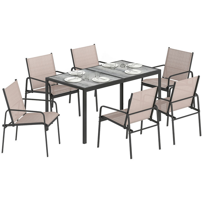 Outsunny conjunto de mesa y sillas jardín de 7 piezas, muebles de jardín exterior con mesa de efecto madera y 6 sillas con asiento transpirable, marco de acero galvanizado, para terraza, patio, caqui