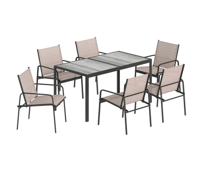 Outsunny conjunto de mesa y sillas jardín de 7 piezas, muebles de jardín exterior con mesa de efecto madera y 6 sillas con asiento transpirable, marco de acero galvanizado, para terraza, patio, caqui