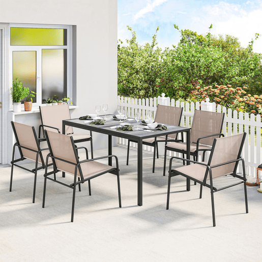 Outsunny Conjunto de Mesa e Cadeiras de Jardim de 7 Peças Mobiliário de Exterior com Mesa com Efeito Madeira e 6 Cadeiras com Assento Respirável Estrutura em Aço Galvanizado para Terraço Pátio Caqui