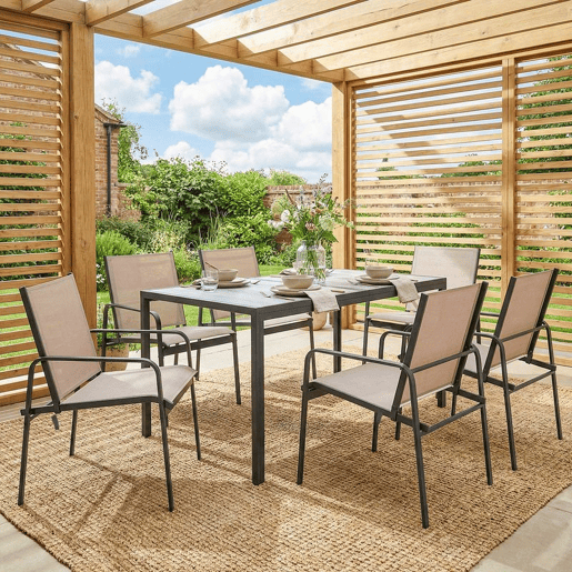 Outsunny Conjunto de Mesa e Cadeiras de Jardim de 7 Peças Mobiliário de Exterior com Mesa com Efeito Madeira e 6 Cadeiras com Assento Respirável Estrutura em Aço Galvanizado para Terraço Pátio Caqui