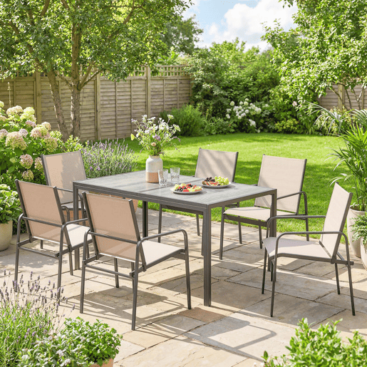Outsunny Conjunto de Mesa e Cadeiras de Jardim de 7 Peças Mobiliário de Exterior com Mesa com Efeito Madeira e 6 Cadeiras com Assento Respirável Estrutura em Aço Galvanizado para Terraço Pátio Caqui